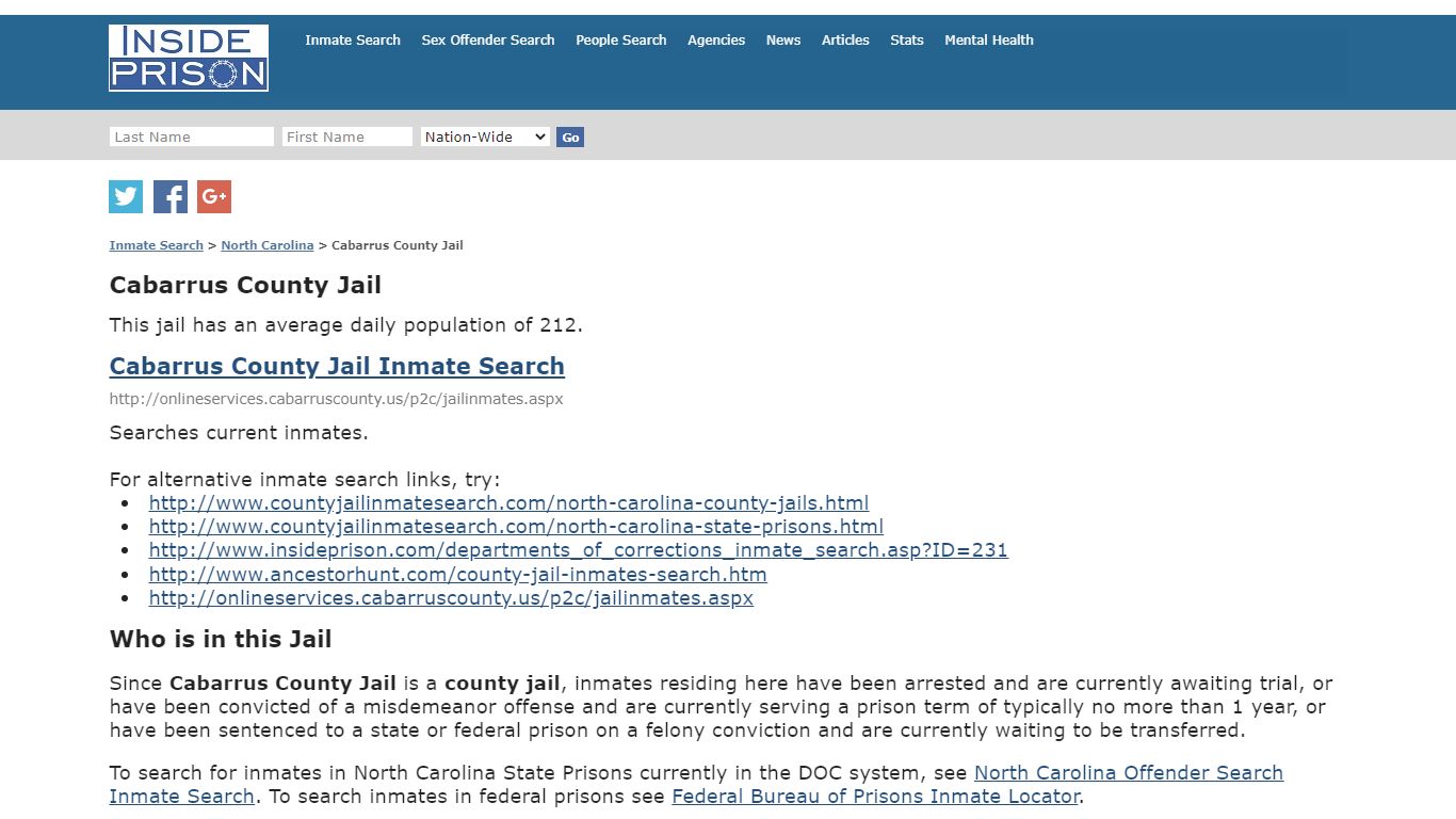 Cabarrus County Jail - North Carolina - Inmate Search